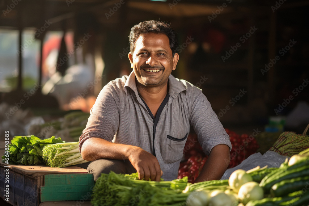 Indian man selling vegetables in local market