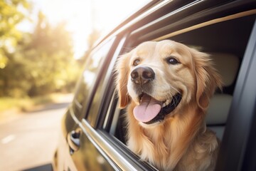An adorable dog enjoys a fun car ride, with its head out of the window, enjoying the beautiful outdoor. Its happy expression and playful nature make this journey a memorable adventure.