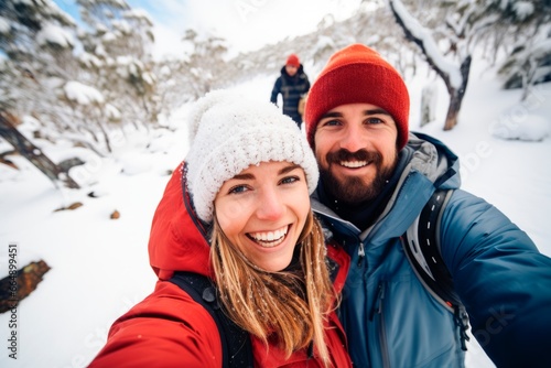 happy young couple taking a selfie on the snowy mountains. Winter concept