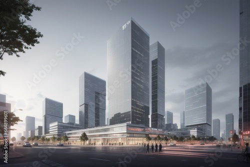 rendering of a city with tall buildings and a street with people walking
