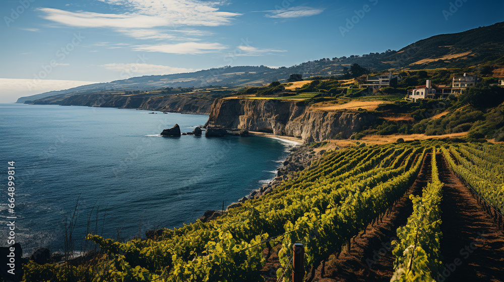 A coastal vineyard with rows of grapevines sloping toward the ocean, creating a picturesque landscape