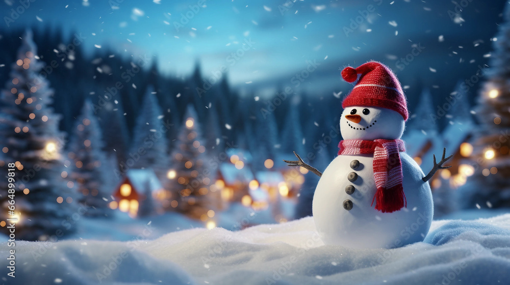 christmas scene with a snowman at night tiSnowman wearing a red hatme and house