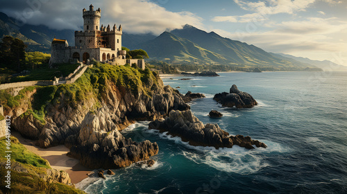 A coastal castle perched on a hill, overlooking the endless expanse of the shimmering sea
