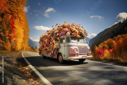 Van loaded with flowers driving on a road, deliver gift of hope, dreams and positive thinking, imagination and inspiration, travel lifestyle photo