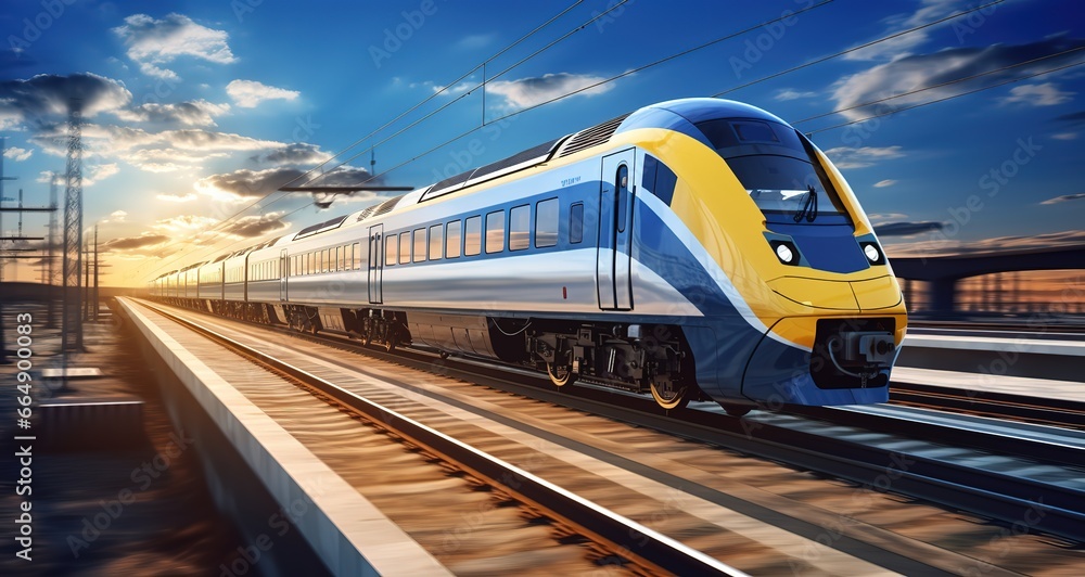 Naklejka premium illustration of a fast train in a semi-realistic style. Generative Ai