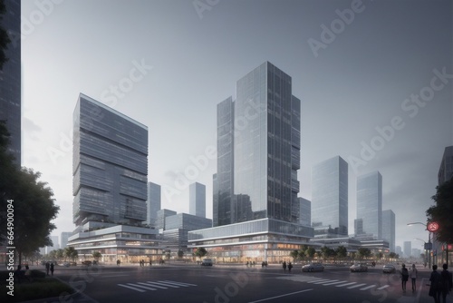 rendering of a city with tall buildings and a street light