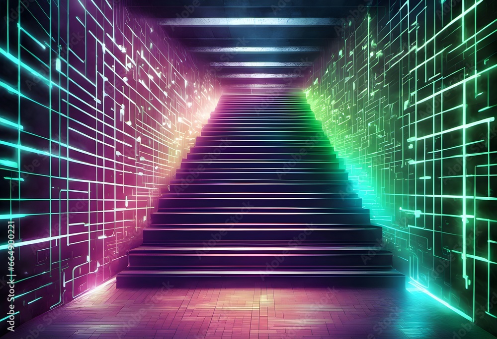 Colorful light stairway in tunnel