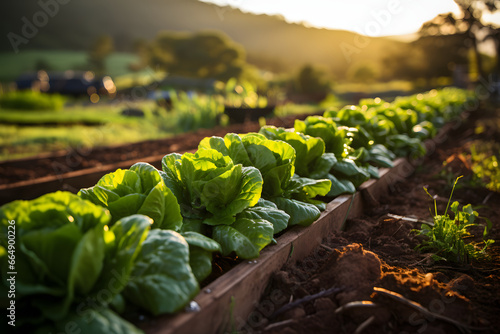  Abundant, green organic farm salads with rows of crops.