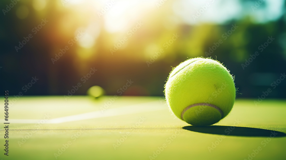 Closeup of tennis ball on empty court. Tennis match on sunny day. Concept of a sporty lifestyle. Generative AI