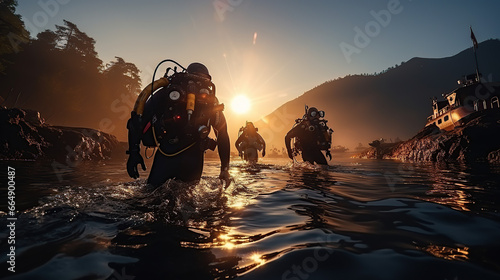 A group of divers prepare to dive at night in the sea.