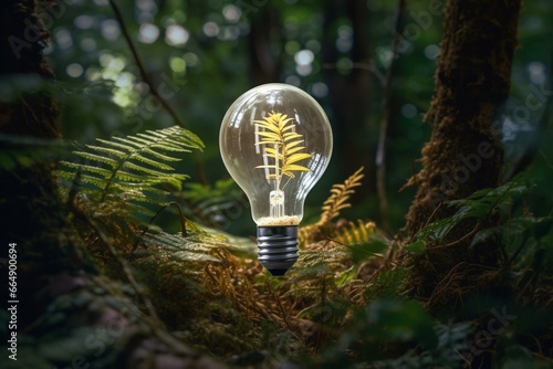 Illuminated light bulb in dense woods, symbolizing light and nature. Generative AI