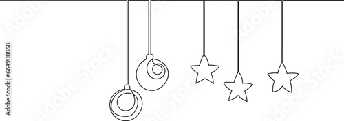 Christmas tree decorations continuous line drawing isolated vector