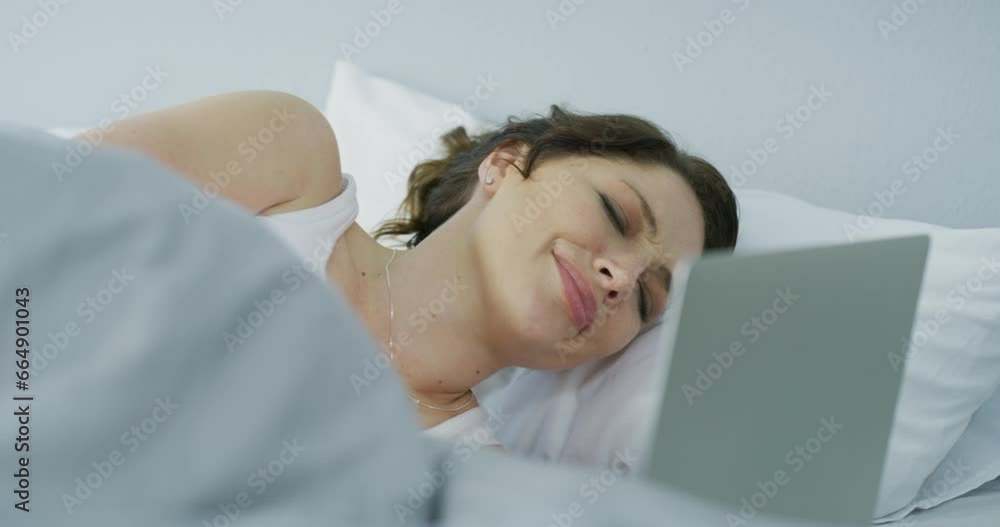 Woman, laptop and pain of stomach in bedroom for gut health ...