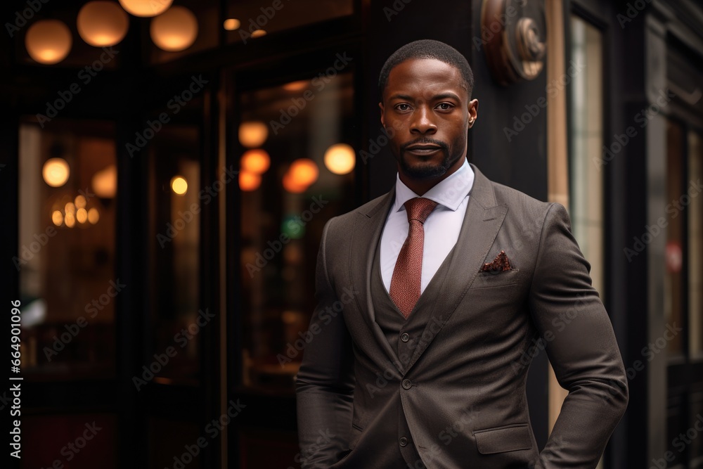 Fototapeta premium Athletic African American businessman on the street in a classic suit, with a good body.