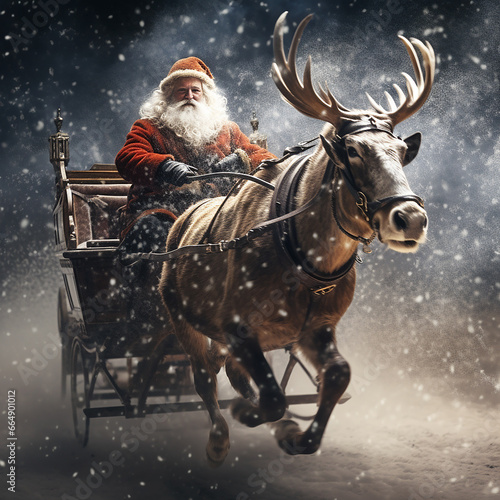 Santa Claus is riding in a carriage lit with lights in the winter aura