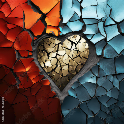 Abstract cracked golden heart background, ai generative