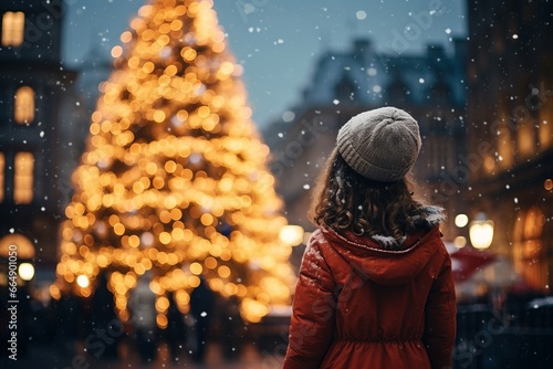 Red-coated child gazing at Christmas lights