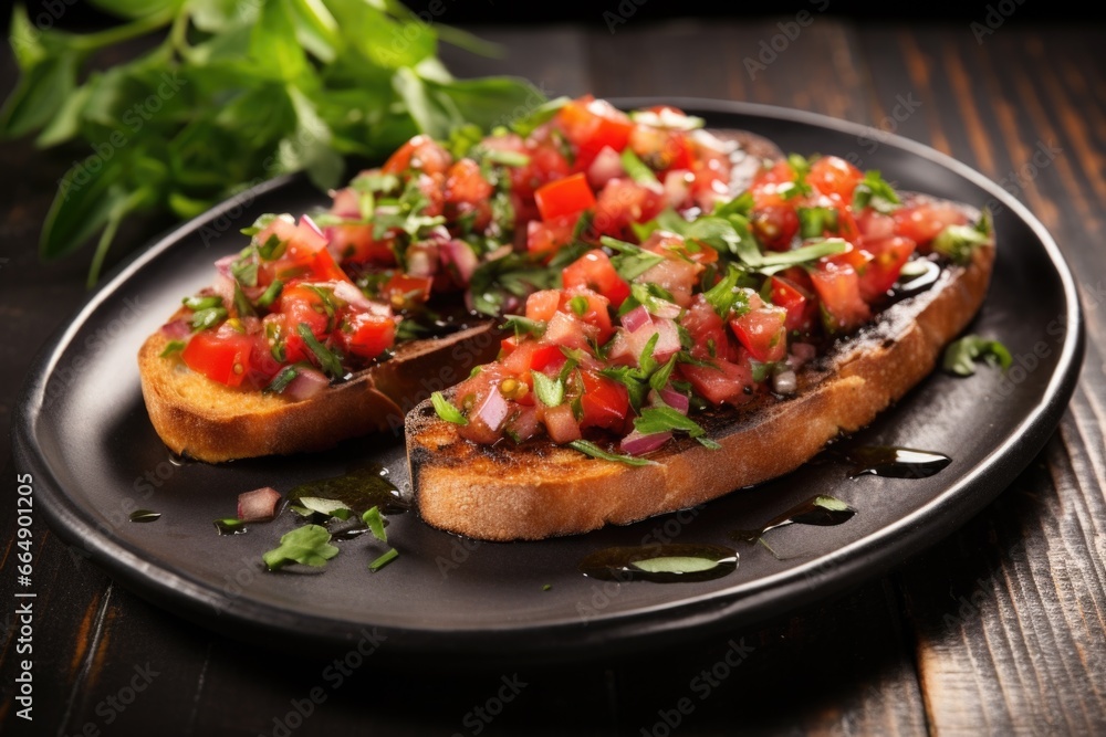 heaped bruschetta served on rustic slate serving plate heaped bruschetta served on rustic slate serving plate