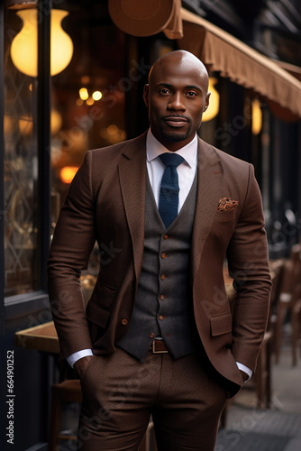 Athletic African American businessman on the street in a classic suit, with a good body.