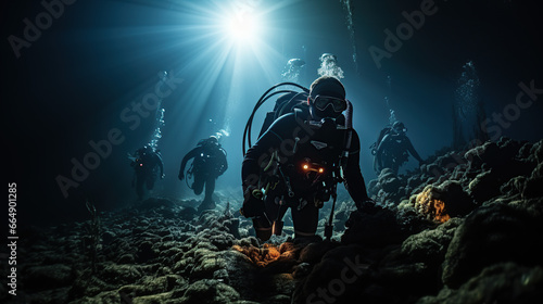 A group of divers prepare to dive at night in the sea.