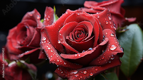 A macro shot of dew-kissed red roses in a bouquet  showcasing the delicate water droplets on velvety petals