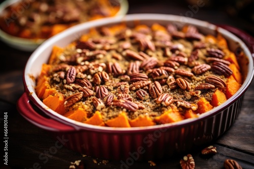 sweet potato casserole topped with pecans photo