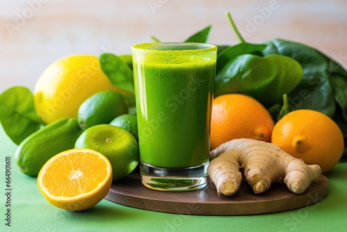 fresh tropical fruits next to a vibrant green smoothie in a glass