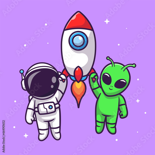 Cute Astronaut And Alien Flying With Rocket In SpaceCartoon Vector Icon Illustration. Science Technology Icon Concept Isolated Premium Vector. Flat Cartoon Style