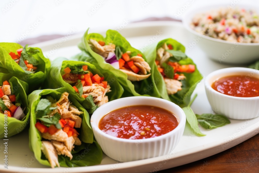turkey lettuce wraps with a side of sweet chili dip turkey lettuce wraps with a side of sweet chili dip
