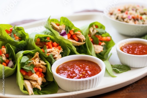 turkey lettuce wraps with a side of sweet chili dip