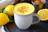 turmeric latte with curled lemon peel on the rim of cup