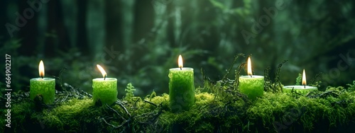 Burning candles on moss, dark green blurred the natural background. Magic candle. photo