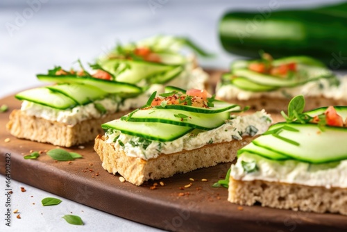slices of bruschetta topped with vegan cream cheese and cucumber