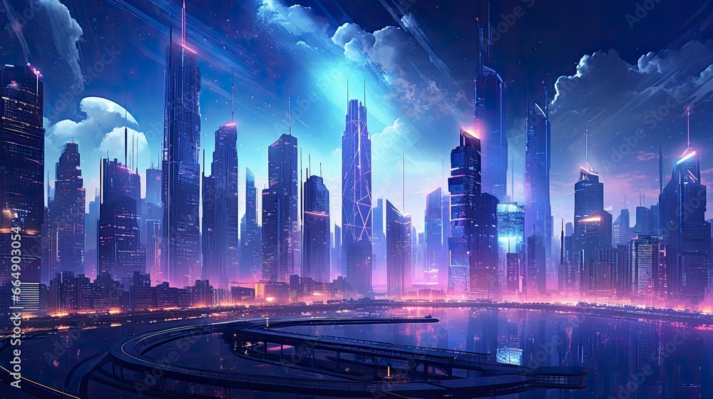 A futuristic, cyberpunk inspired cityscape at night. A futuristic, cyberpunk inspired cityscape at night.