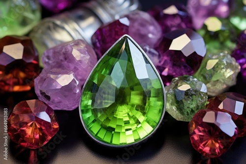amethyst, garnet, and peridot gemstones magnified by a jewelers loupe photo