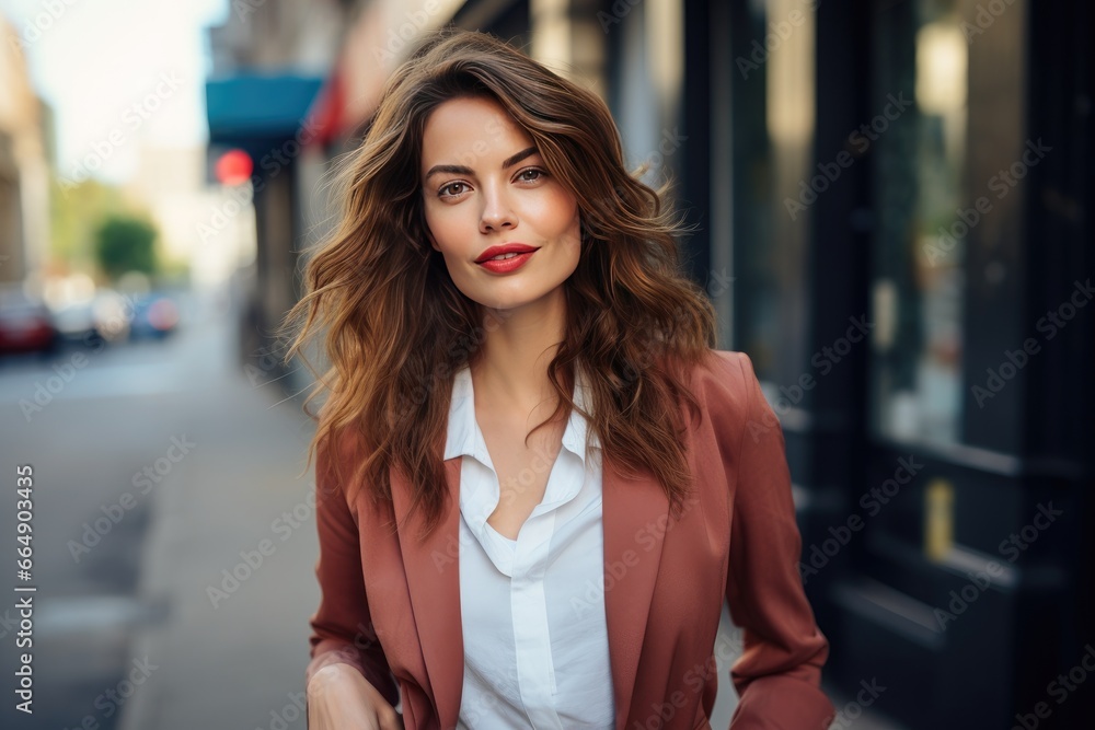 Fototapeta premium Business lady with fair hair, on the street of the metropolis at lunchtime.