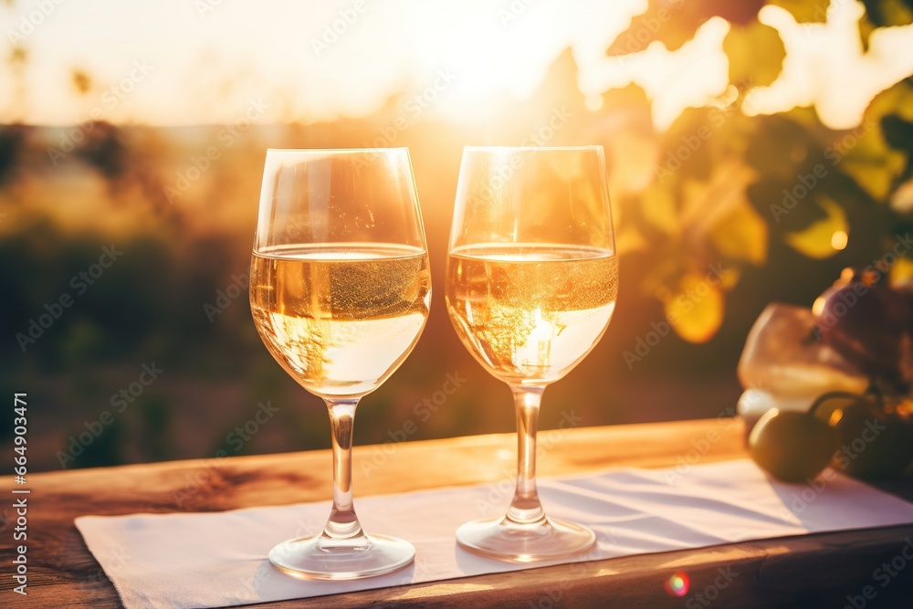 Two glasses of white wine on wooden table at sunset.