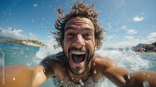 Happy man taking selfie with smart mobile phone device swimming in the ocean - Smiling tourist enjoying summer holiday outdoors wide angle lens realistic realistic daylight white © Morng