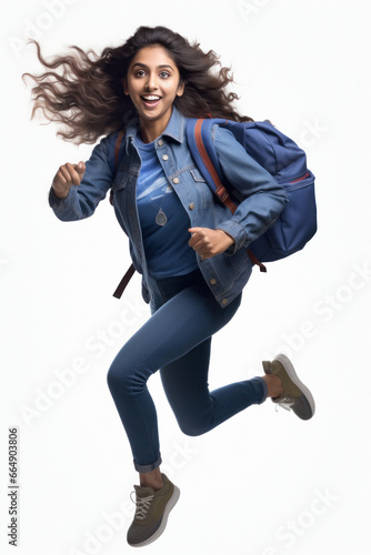 Young college girl holding bag and running or rushing forward