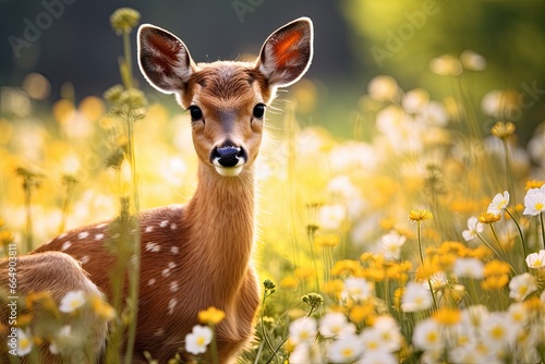 Female roe deer with beautiful flower.