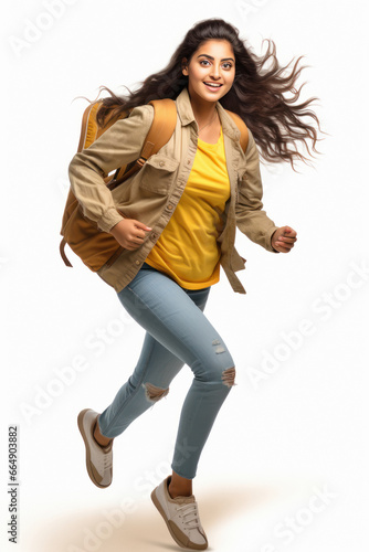 Young college girl holding bag and running or rushing forward