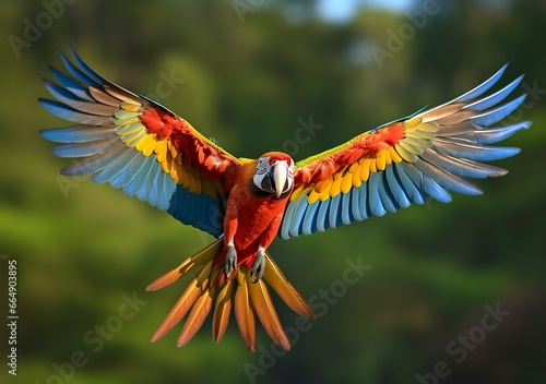 Flying macaw, beautiful bird. © Md