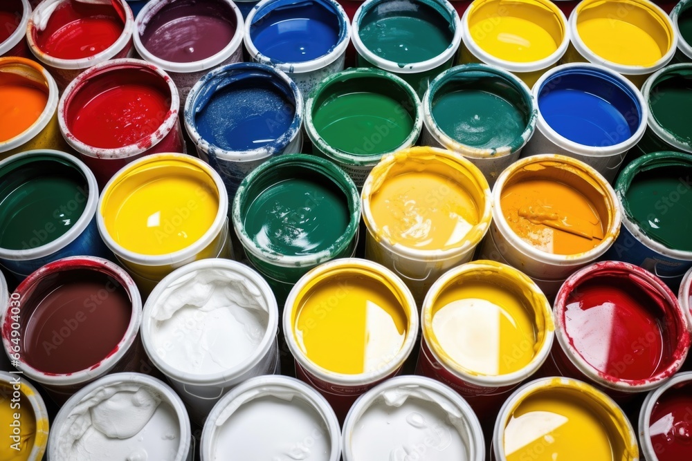 assortment of paint buckets with faux paint assortment of paint buckets with faux paint