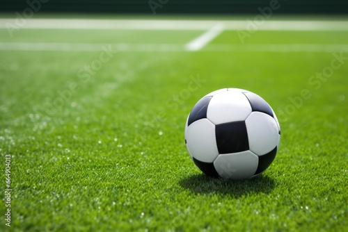 a soccer ball on a green pitch with white lines © altitudevisual