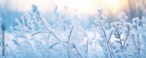 Frozen snowy grass, winter natural abstract background. beautiful winter landscape. © Md