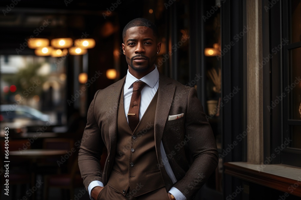 Athletic African American businessman on the street in a classic suit, with a good body.