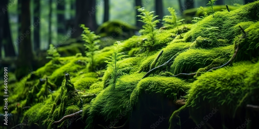 Green moss closeup, with a backdrop of woodland. Forest in the national park. Green moss closeup, with a backdrop of woodland. Forest in the national park.