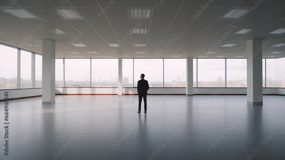 empty office room with buidling background, only 1 man standing empty office room with buidling background, only 1 man standing