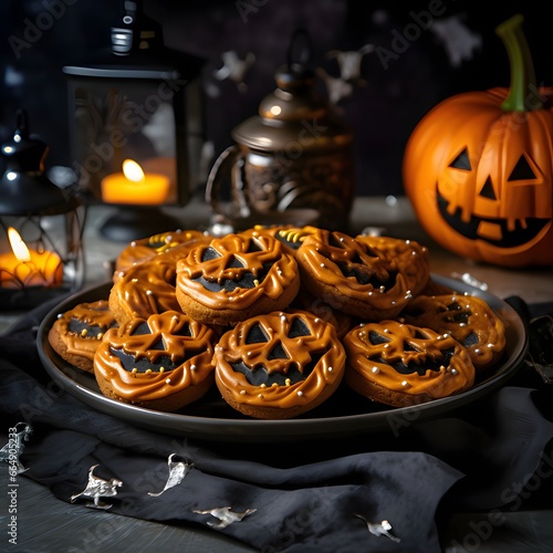 Jack-o-lantern pumpkin cookie on a plate, a Halloween image.