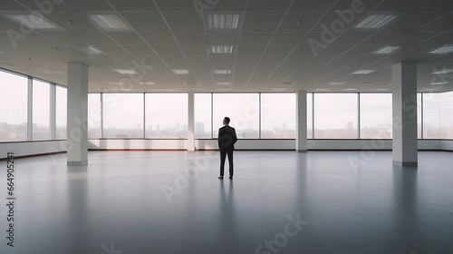 empty office room with buidling background, only 1 man standing